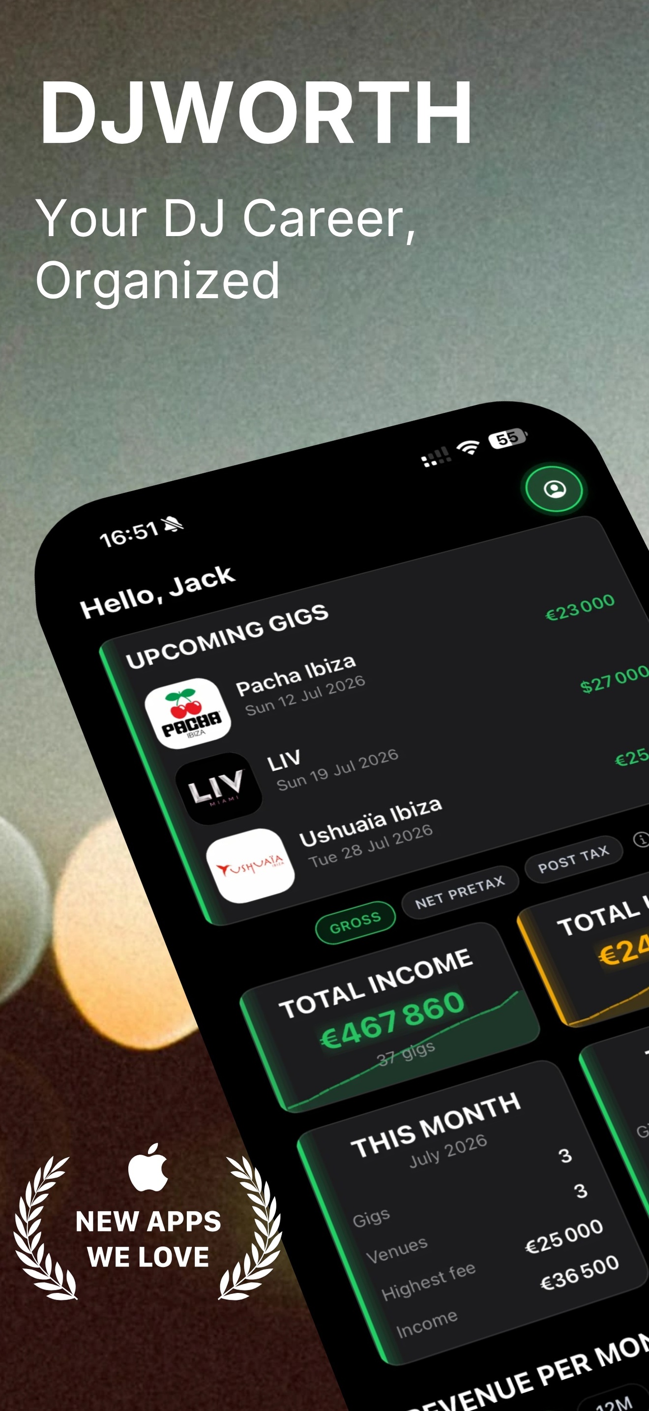 ArtistPilot home screen with upcoming gigs and income